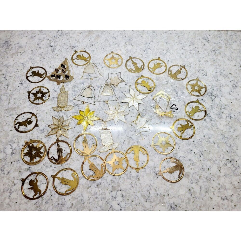 Lot Of 36 Metal Gold Ornaments Germany Vintage Flat Tree Star Candle Bell